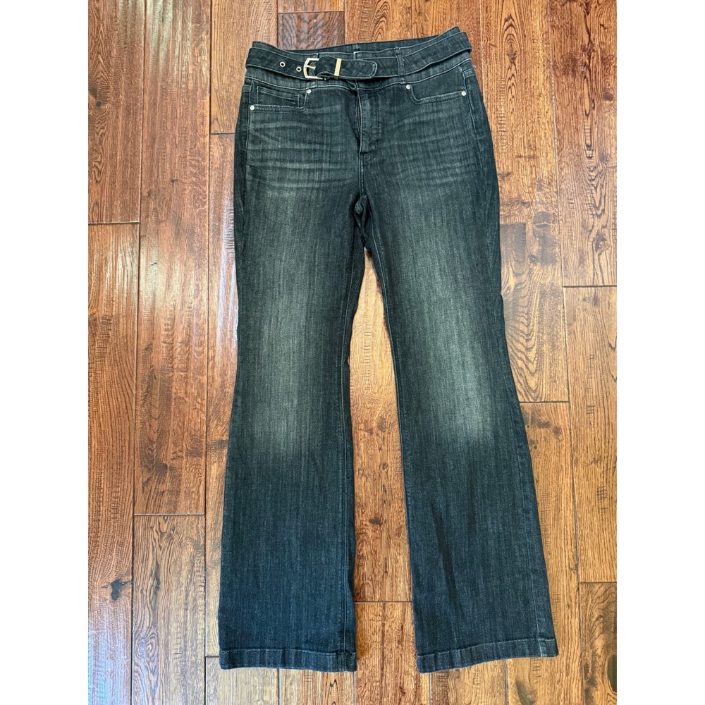 White House Black Market Extra High Rise Skinny Flare Jeans Dark Wash Belted 8